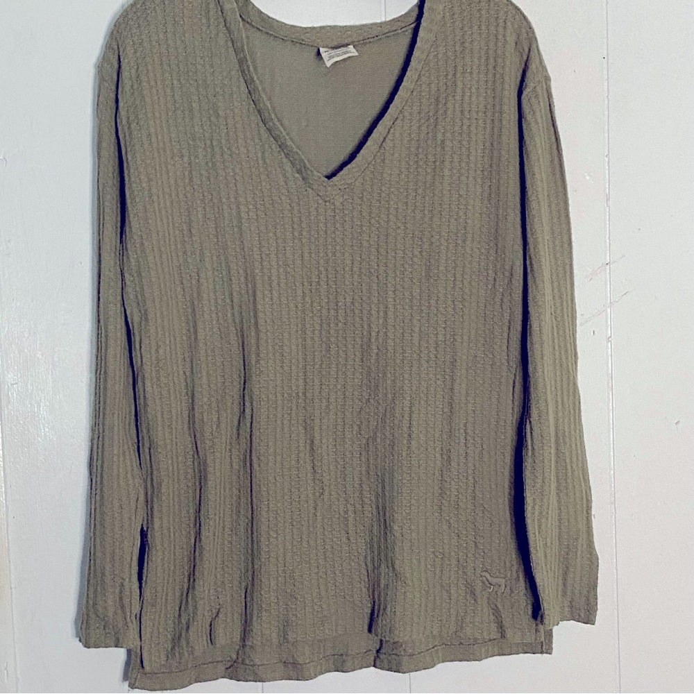 PINK Gray Long Sleeve Thermal Top Women’s Size Small Waffle Weave